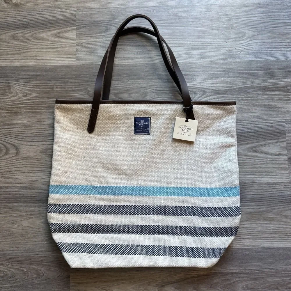 Faribault Woolen Mills Cotton Tote Bag MADE IN USA Leather Straps NWT Blue